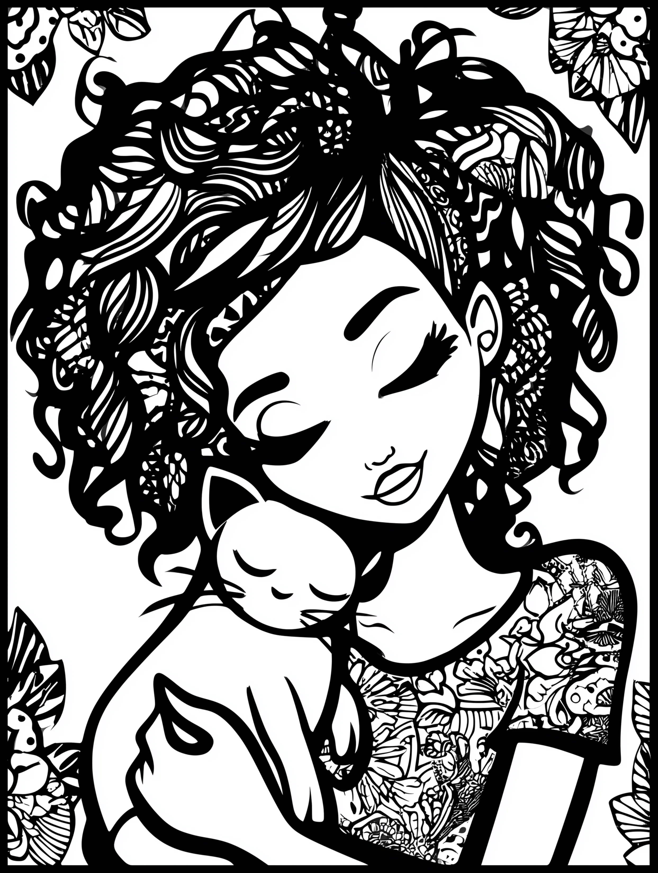 Free printable coloring page for your mom featuring a woman with black hair cuddling a cat